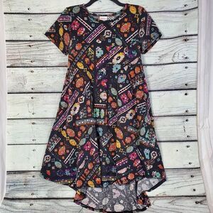 LuLaRoe Carly Dress XXS Black Bright Tribal Print Hi-Low Hem Short Sleeve Simply